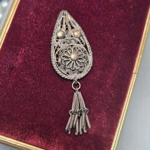 Vintage Brass Filigree Brooch w/ Tassel Drops | Handmade Middle Eastern / Turkis